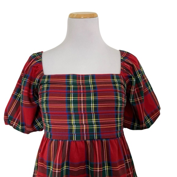 Francesca’s Plaid Peplum Smocked Puff Sleeve Top Sz S Red Holiday Short Sleeve - Picture 3 of 17